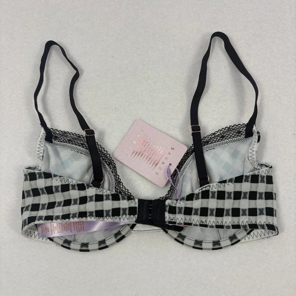 NWT Savage X Fenty Size 32D Gingham Remix Unlined Plunge Bra Black White Lace